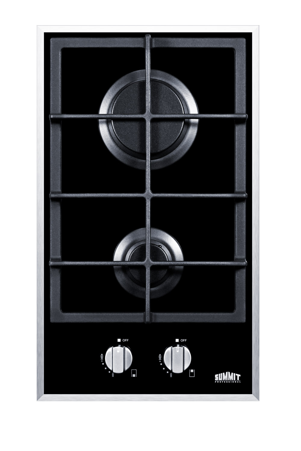 2-burner gas-on-glass cooktop with sealed burners and cast iron grates
